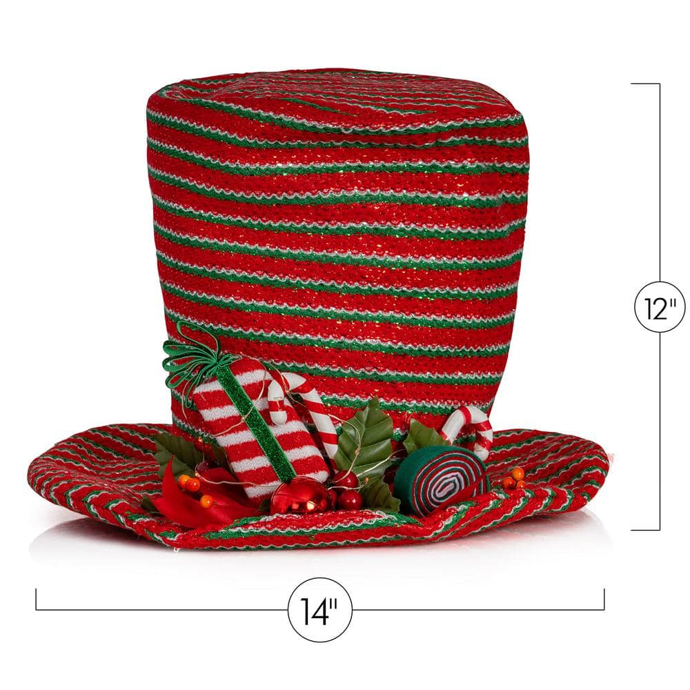 Red and Green Striped LED Snowman Hat Tree Topper