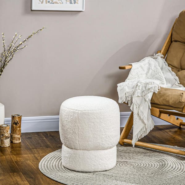 HOMCOM Round Polyester Ottoman Foot Stool with Fabric Upholstered Seat, White