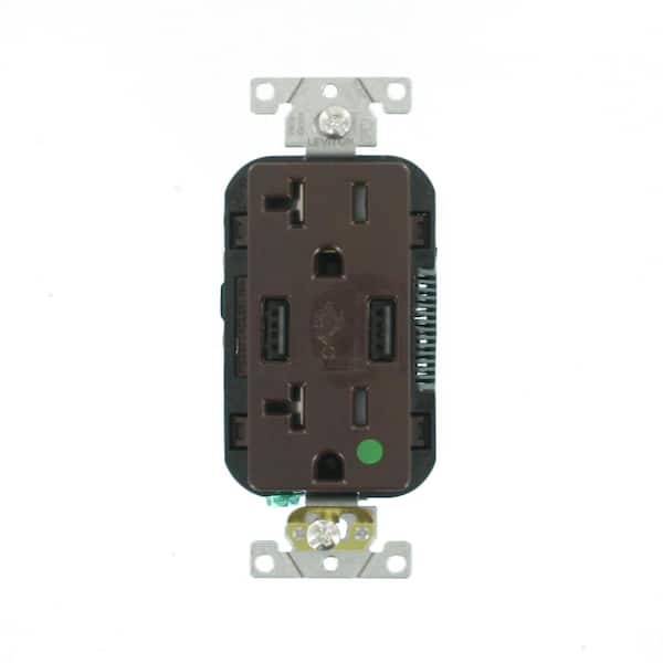 Leviton Decora 20 Amp Hospital Grade Tamper Resistant Duplex Outlet and 3.6 Amp USB Outlet, Brown T5832-HG