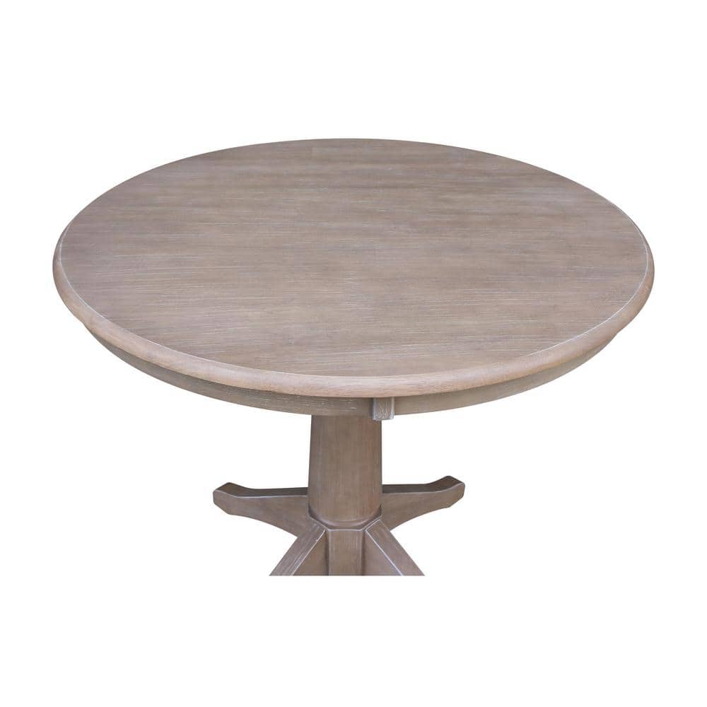 36" Round Washed Gray Solid Wood Bar Height Pedestal Table