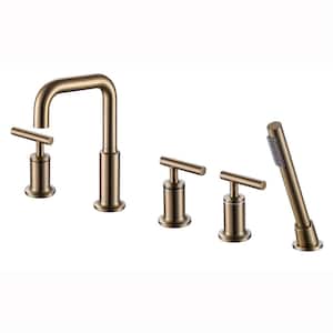 3-Handle Deck-Mount Roman Tub Faucet with Hand Shower 1.8 GPM Modern Brass 5-Holes Tub Filler in Brushed Gold