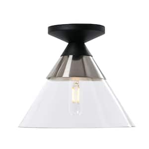 Theo 8.5 in. 1-Light Modern Metal and Conical Glass Flush Mount Ceiling Light, Matte Black and Brushed Nickel