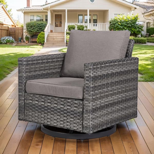 Gray Wicker Outdoor Rocking Chair, Patio Swivel Glider Chair with Gray Cushions for Porch or Balcony (1-Pack)