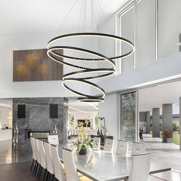 Modern LED Pendant Light Fixture Dining Room|Black Chandelier Living Room With Irregular Ring Lights|dimmable White Hanging Lamp Compatible With Kitchen Bedroom Island Cafe,Ceiling Pendant Lamp