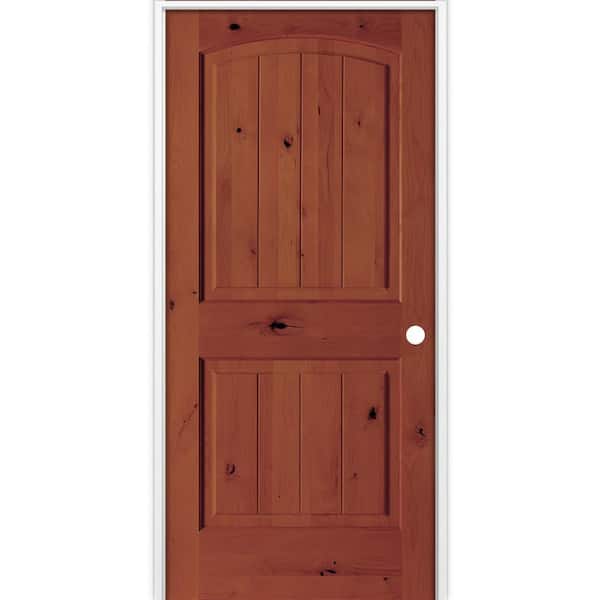 36 in. x 80 in. Rustic 2-Panel Arch Top VG Left-Hand Amaretto Stain Knotty Alder Wood Single Prehung Interior Door