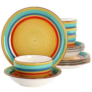 Rainbow 12-Pcs Stoneware Dinnerware Set Service of 4 in Yellow Multi