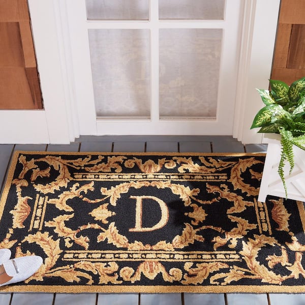 Monogram Black 3 ft. x 4 ft. "D" Ornate Leaf Indoor/Outdoor Area Rug