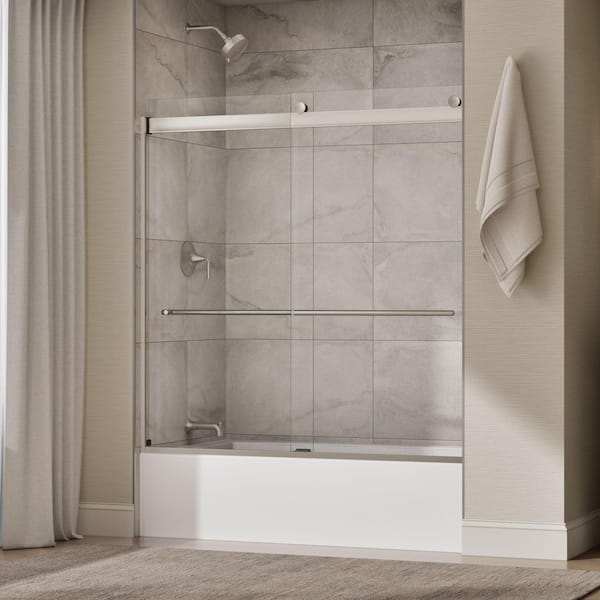 Claro 57 - 60 in. W x 62 in. H Frameless Sliding Tub Door in Brushed Nickel with 1/4 in. Thick Clear Tempered Glass