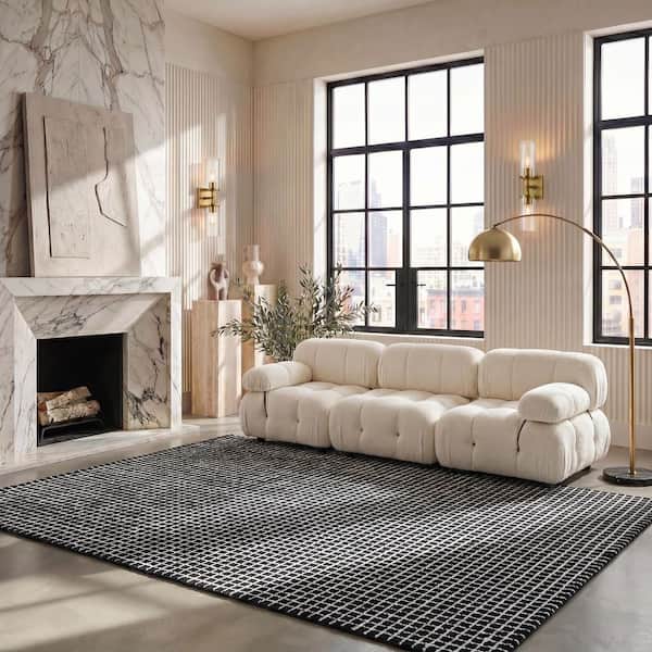 Abstract 4 ft. x 6 ft. Ivory/Black Grid Geometric Area Rug