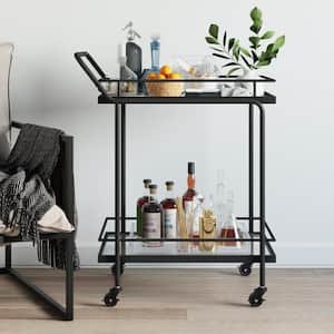 Sally 2-Tiered Black Metal Frame Glass Rolling Bar Cart and Tea or Cocktail Cart