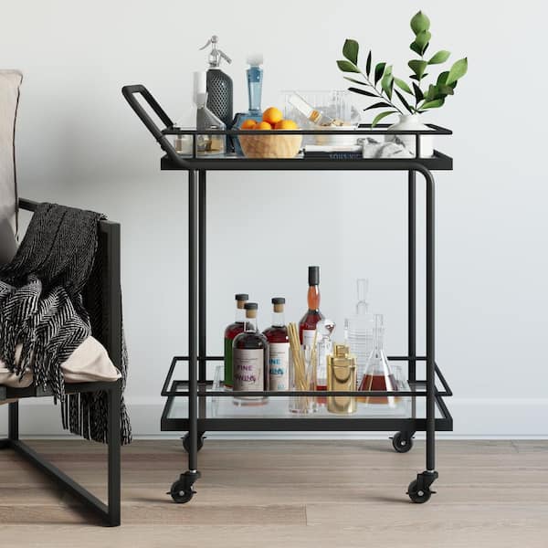 Nathan James Sally 2-Tiered Black Metal Frame Glass Rolling Bar Cart and Tea or Cocktail Cart