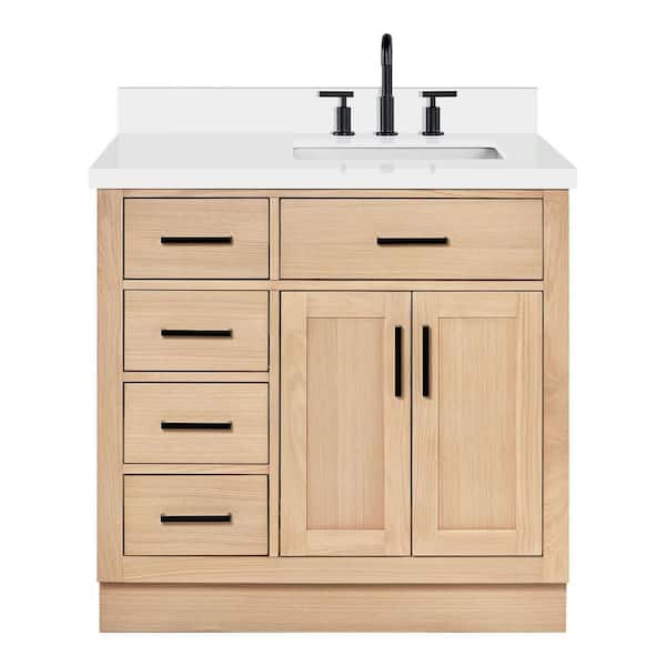 Hepburn 36 in. W x 22 in. D x 36 in. H Single Freestanding Bath Vanity in Oak with Pure White Quartz Top