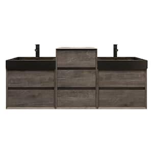 MIA 67 in. W x 20 in. D x 30 in. H Double Sink Middle Cabinet Bath Vanity in Gray Oak with Black Stainless Steel Top