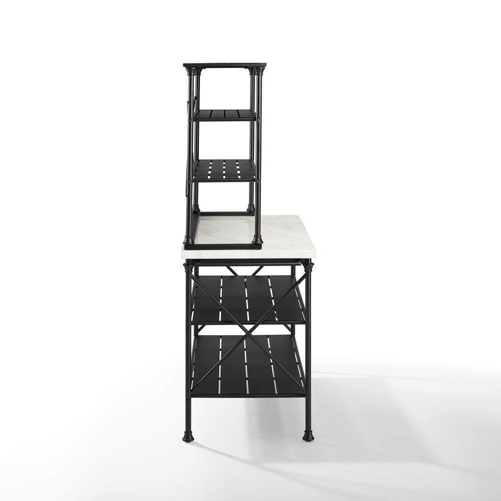 Elegant Madeleine Matte Black Kitchen Island with Faux Marble Top and Hutch