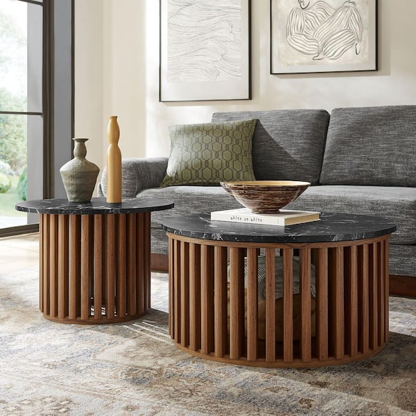 Fortitude 37 in. Walnut Black Round Faux Marble Nesting Coffee Table Set