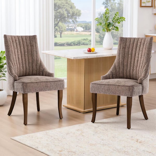 Brown Linen Dining Chairs Set of 2, Channel Tufted Upholstered Dining Chair with Curved Solid Wood Legs