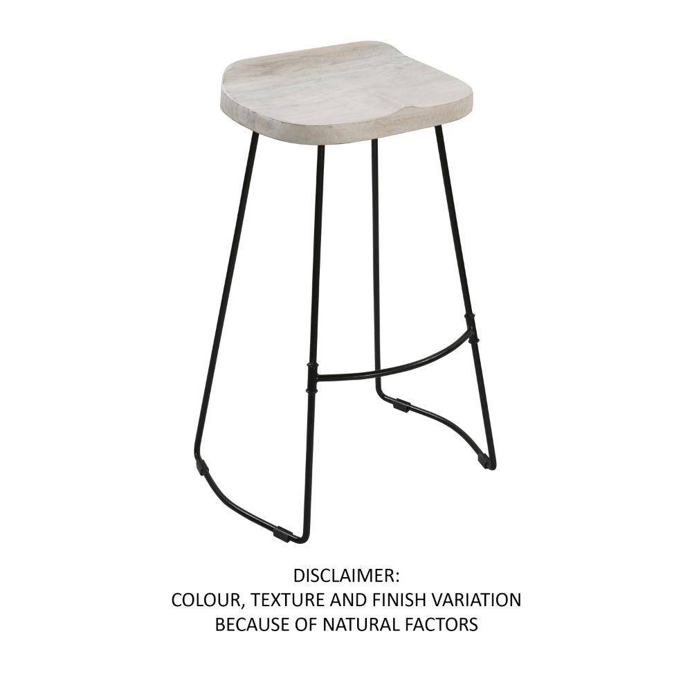 30-Inch Whitewashed Mango Wood Saddle Seat Backless Barstool with Black Metal Base
