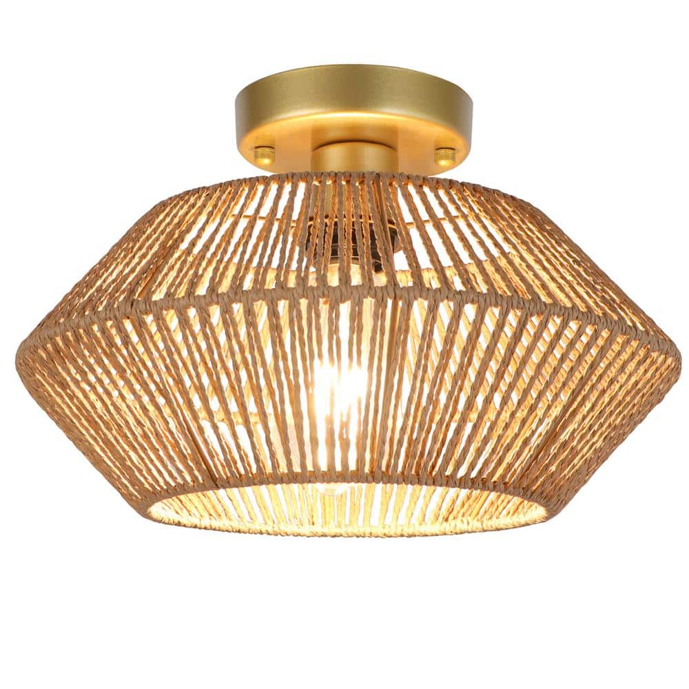 1-Light Gold Canopy Bohemian Rattan Semi Flush Mount Ceiling Light for Dini