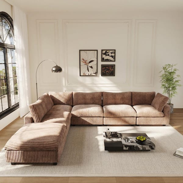 157.48 in. Square Arm Velvet Plush Modular Living Room Free Combination Sofa with Ottoman in Brown For Large Space
