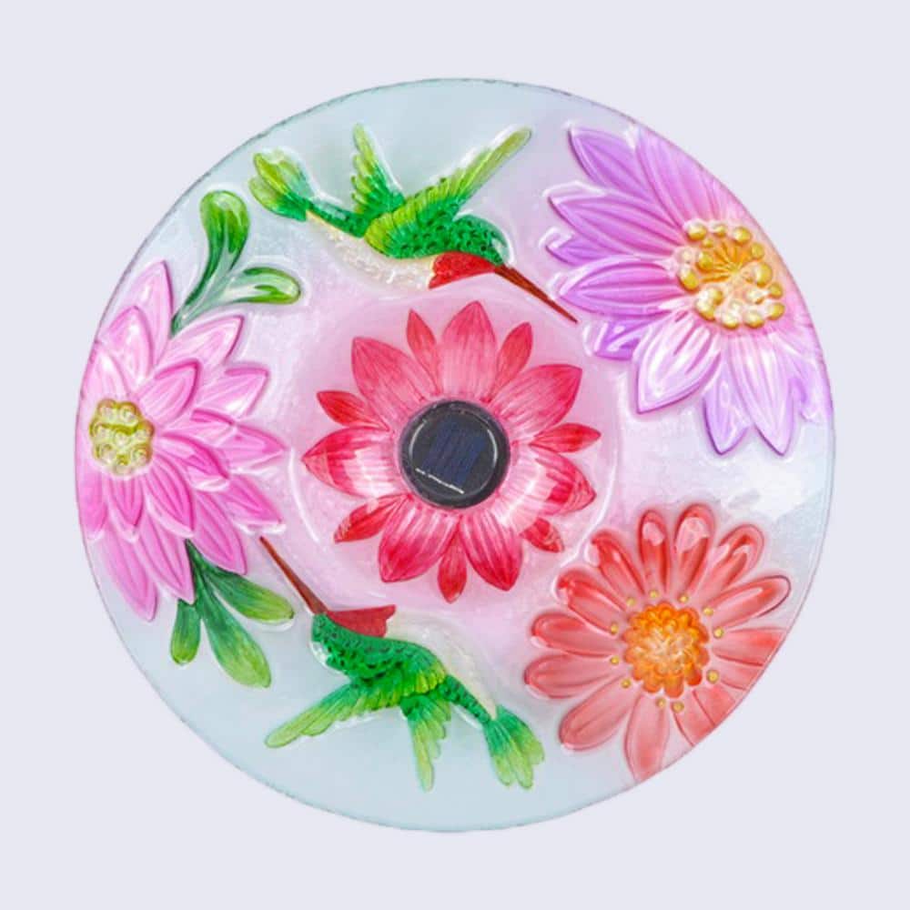 Solar Floral Glass Hummingbird Birdbath with Metal Stand