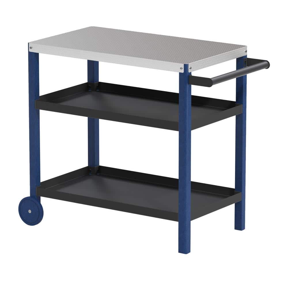 Black 3-Shelf Storage Outdoor Steel Grill Cart with Navy HDPE Legs
