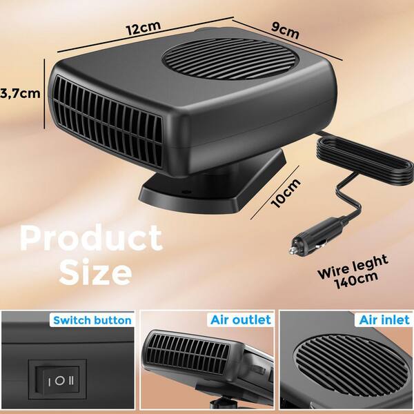 Aoibox 200W Black Portable 12V Car Heater with Adjustable Wind
