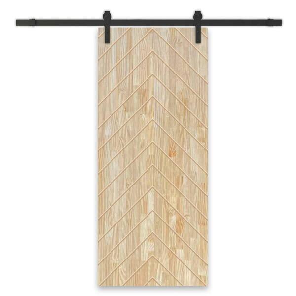 CALHOME Herringbone 36 in. x 96 in. Fully Assembled Natural Solid Wood Unfinished Modern Sliding Barn Door with Hardware Kit
