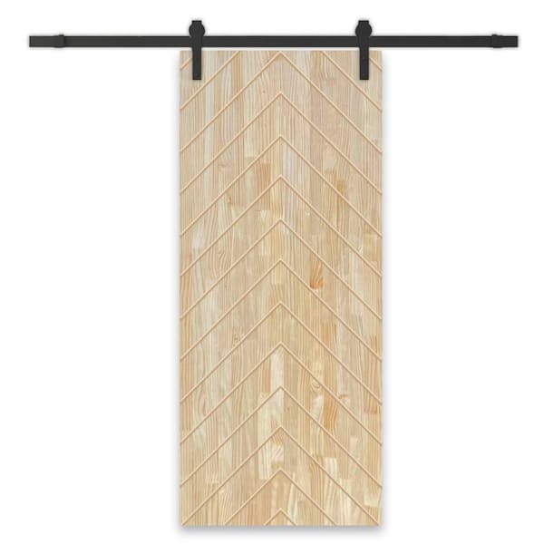 CALHOME Herringbone 42 in. x 96 in. Fully Assembled Natural Pine Wood Unfinished Modern Sliding Barn Door with Hardware Kit