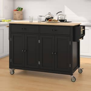 Rolling Black Rubber Wood Desktop 54 in. Kitchen Island with Adjust Shelves and Wheels