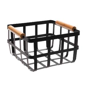 Square Metal Basket 4.8 in. H x 8.72 in. W with Bamboo Handles in Black