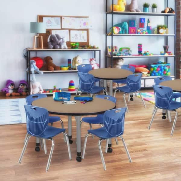 Kee 42 in. Round Noble Oak Mobile Adjustable Classroom Table Desk with Grey Base and 4 Andy 12 in. Blue Stack Chairs
