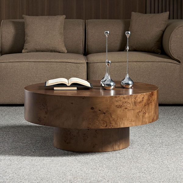 Rae Modern 31.49 in. Walnut Round Burl MDF Top Coffee Table with Sturdy Pedestal