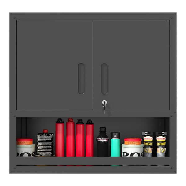 Unbranded 29.5 in. W x 30.3 in. H Metal Wall-Mounted Tool Storage Cabinet with Locking Door Adjustable Shelf Open Drawer in Black