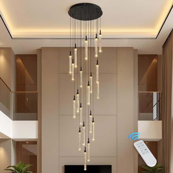 20-Light Dimmable Integrated LED Black Adjustable Long Attic Chandelier with Crystal Lamp Strips for Living Room Foyer