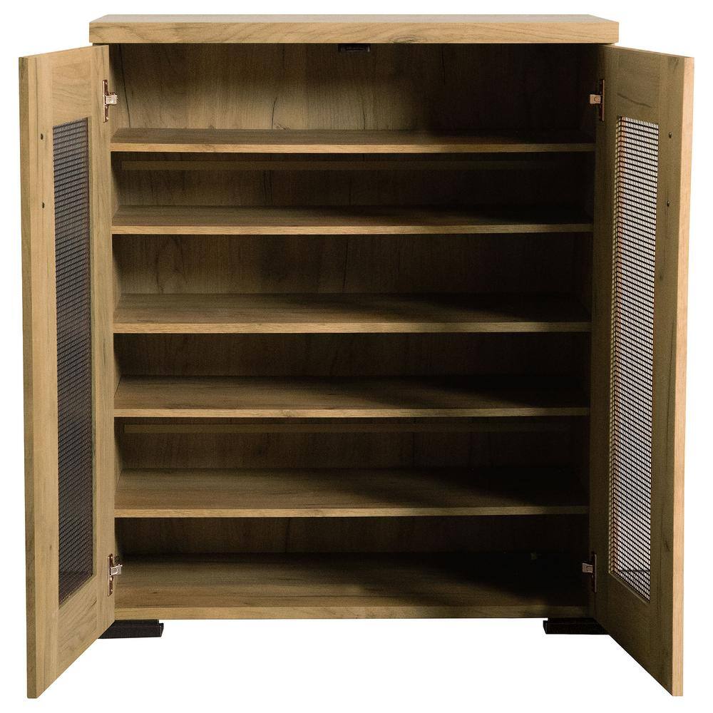 Golden Oak and Gunmetal Mesh Door Accent Cabinet