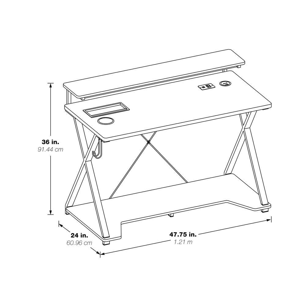 Black Gaming Desk with RGB LED Lights and Dual Monitor Shelf