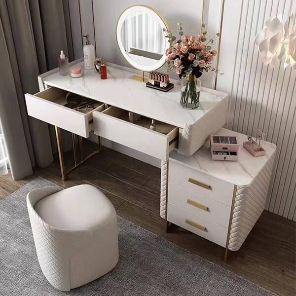 3-Piece Modern Luxury 31.5 in. White Makeup Vanity Set Sintered Stone Dressing  Table with Stool and LED Lighted Mirror Vanity Set-047 - The Home Depot