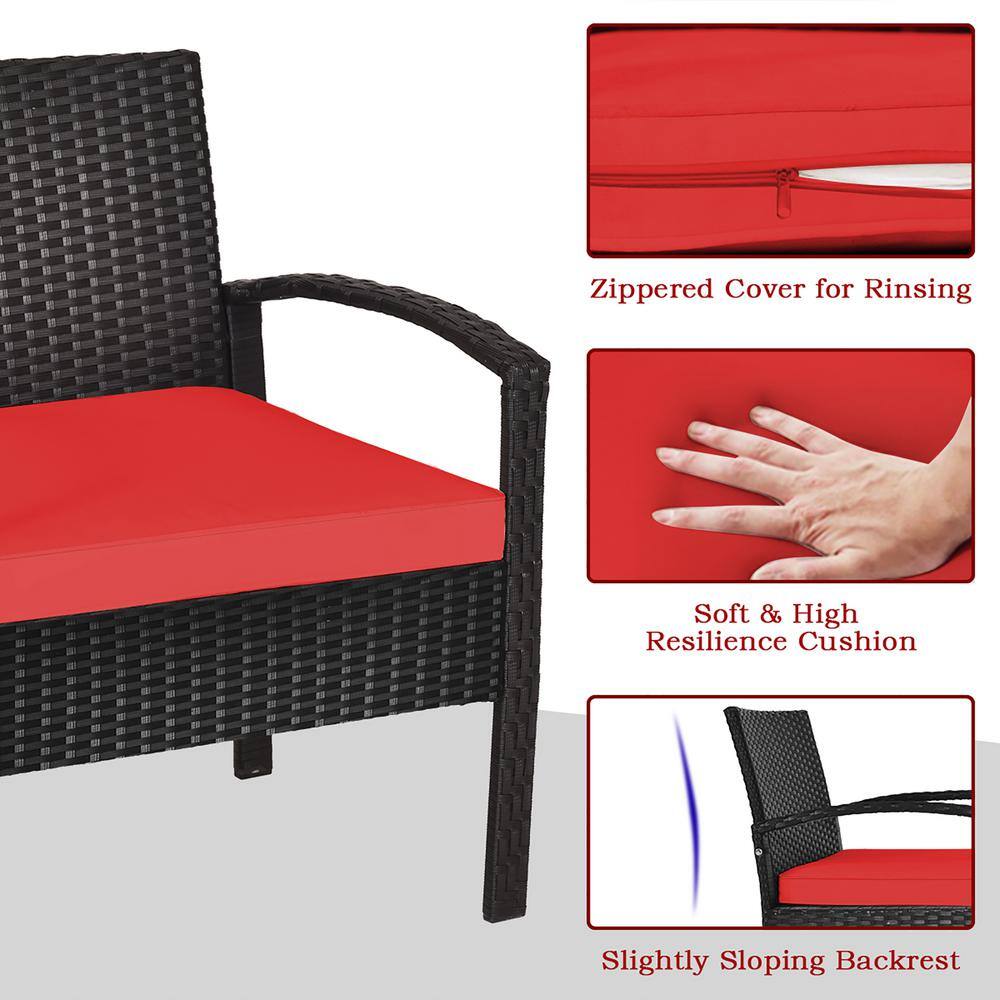 Red Cushioned Black Rattan 2-Person Patio Conversation Set