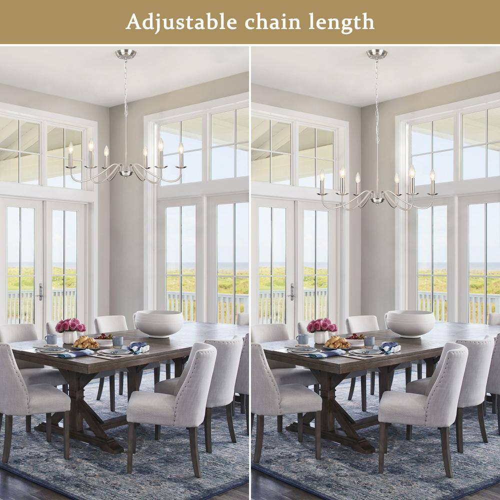 Nickel 6-Light Candle Chandelier with Tubular Arms