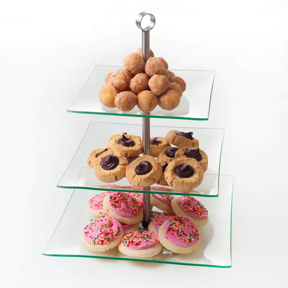 Clear Glass and Stainless Steel 3-Tier Square Dessert Stand