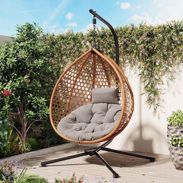 Brown Wicker Foldable Outdoor Rattan Egg Chair Patio Swing Chair
