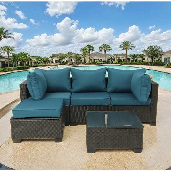 Unbranded 5-Piece Dark Coffee Rattan Wicker Outdoor Patio Conversation Set Sectional Sofa Set with Peacock Blue Cushions