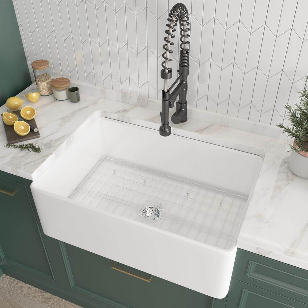 Kuomih White Fireclay 30 in. Single Bowl Farmhouse Apron Kitchen Sink ...