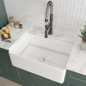 White Fireclay 30 in. Single Bowl Farmhouse Apron Kitchen Sink with Bottom Grid and Basket Strainer