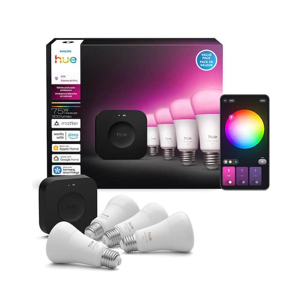 75-Watt Equivalent A19 Smart LED Color Changing Light Bulb Starter Kit (4 Bulbs and Hue Pro Bridge)