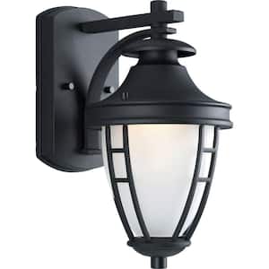 Fairview Collection 1-Light Textured Black Etched Glass Modern Outdoor Small Wall Lantern Light