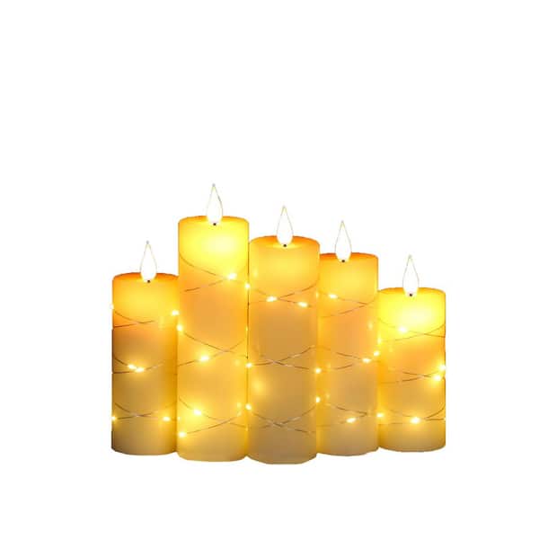 5-Piece Remote-Controlled Flameless Ivory White Real Wax LED Candles with Light String and Timer
