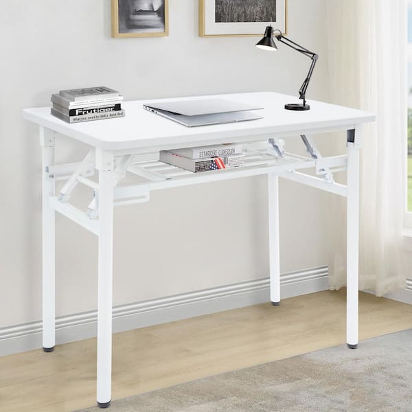 31.5 in. x 19.7 in. White Rectangular Metal Iron MDF Computer Desk Folding Table with Storage Rack