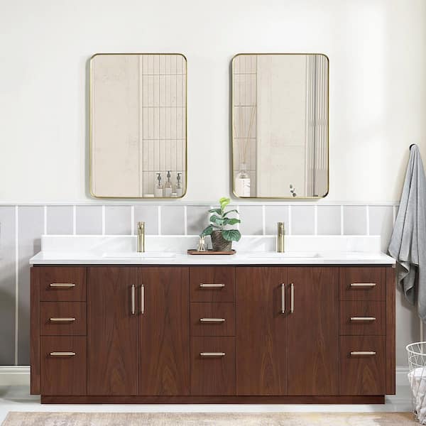 San 84 in.W x 22 in.D x 33.8 in.H Double Sink Bath Vanity in Natural Walnut with White Composite Stone Top