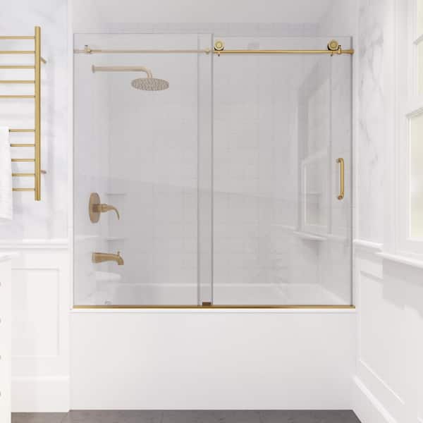 ANZZI Don Series 60 in. W x 62 in. H Frameless Sliding Tub Door in Brushed Gold with Clear Glass